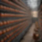 Interior view of a battery cage system in a poultry farm