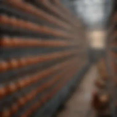 Battery Cage System Overview Interior view of a battery cage system in a poultry farm