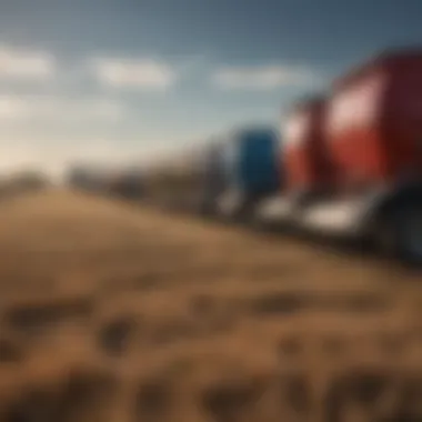 A variety of grain trucks lined up for sale