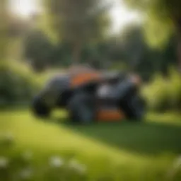 A modern electric lawn mower in a lush garden setting