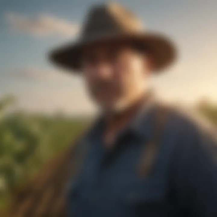 Farmer inspecting crops with a focus on environmental compliance