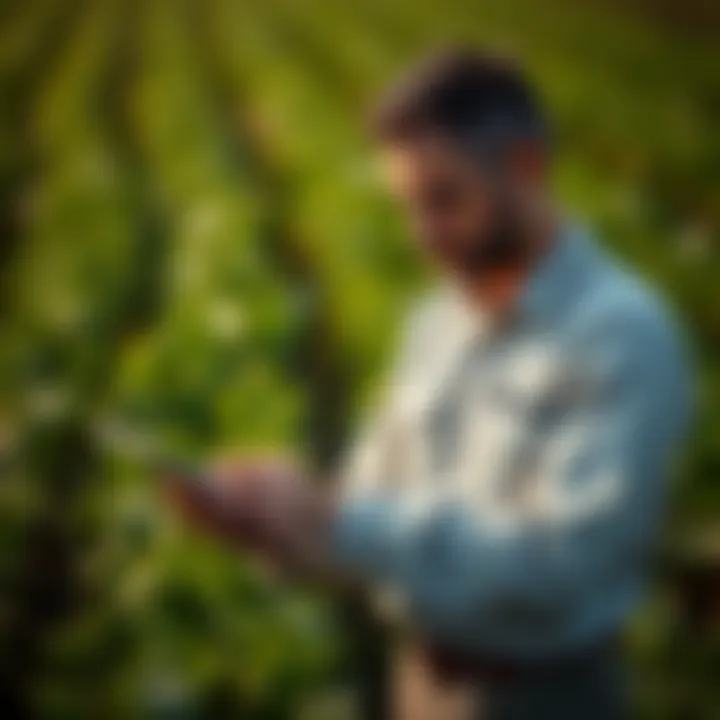 An agronomist analyzing data on a digital tablet in a field