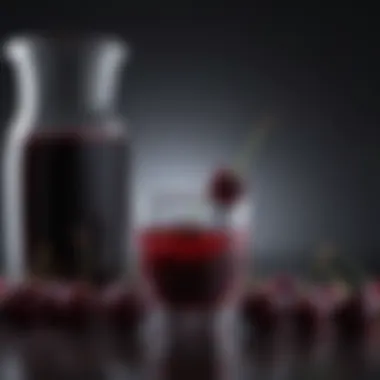 Dark cherry juice in a glass with cherries beside it