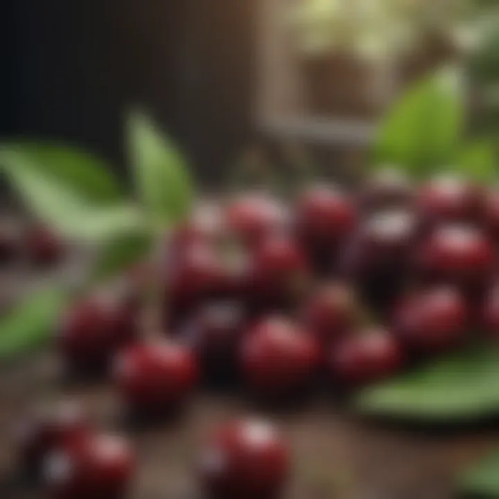 Fresh dark cherries with green leaves on a table