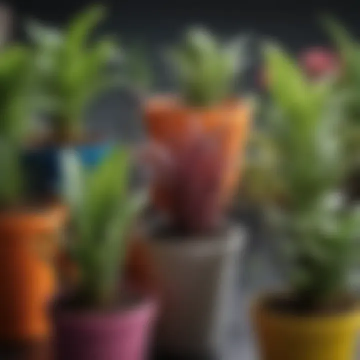 Close-up view of vibrant plants in colorful plastic pots