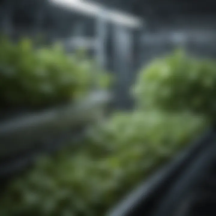 Close-up view of fresh herbs and leafy greens flourishing in a hydroponic system.