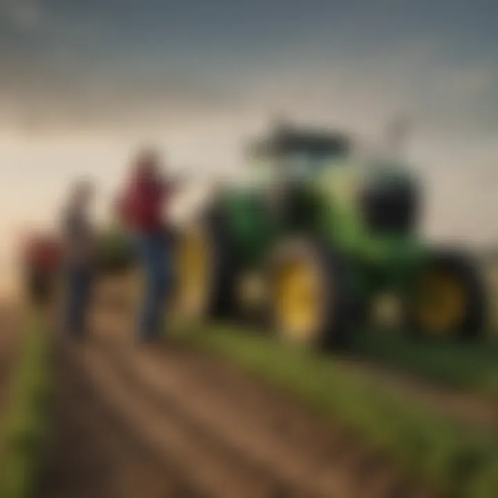 A farmer interacting with John Deere equipment in a field, illustrating the practical application of technology.