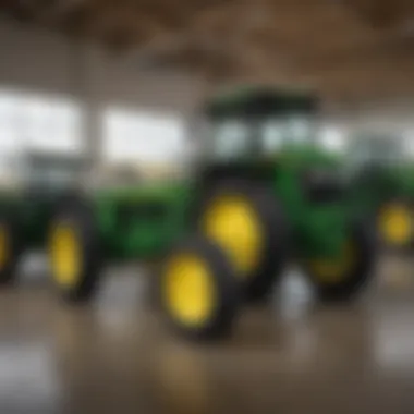 Local John Deere dealership with a variety of agricultural machinery on display.