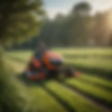 A Kubota BX Series tractor using a mower attachment in a lush agricultural landscape
