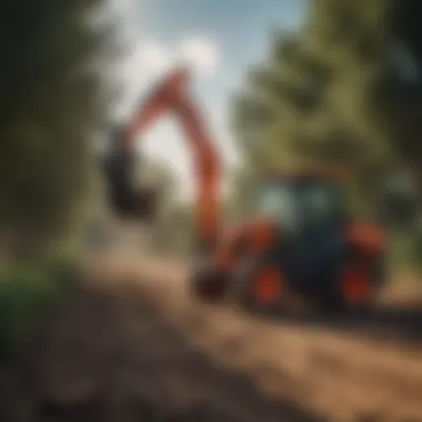 Kubota tractor showcasing backhoe attachment in action