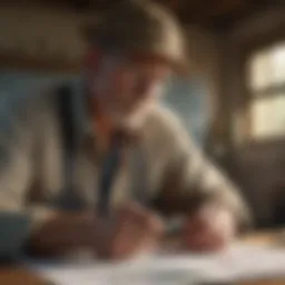 A farmer analyzing financial charts and agricultural data