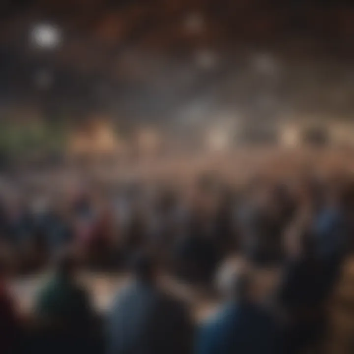 Auction event in progress with attendees engaged in bidding.