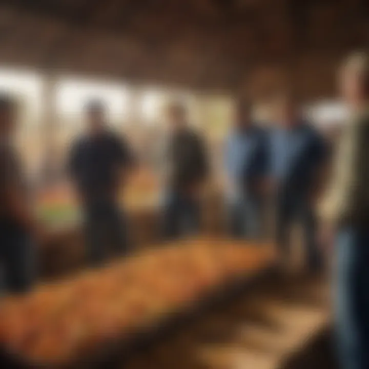 Community members networking and discussing agricultural trends.