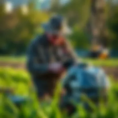 Farmer inspecting mowing equipment