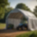 ShelterLogic tarp shed in a lush agricultural field