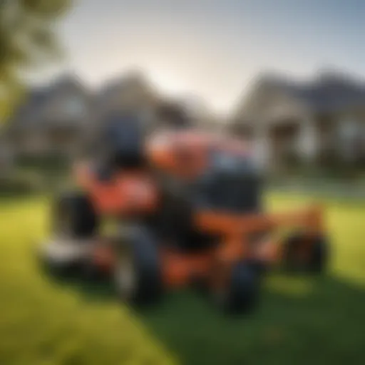 A compact riding mower parked on a neatly mowed lawn, showcasing its size and design.