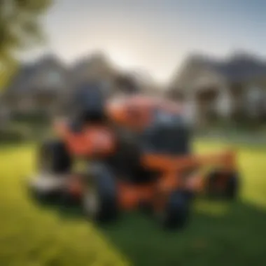 Compact Riding Mower on Neatly Mowed Lawn A compact riding mower parked on a neatly mowed lawn, showcasing its size and design.