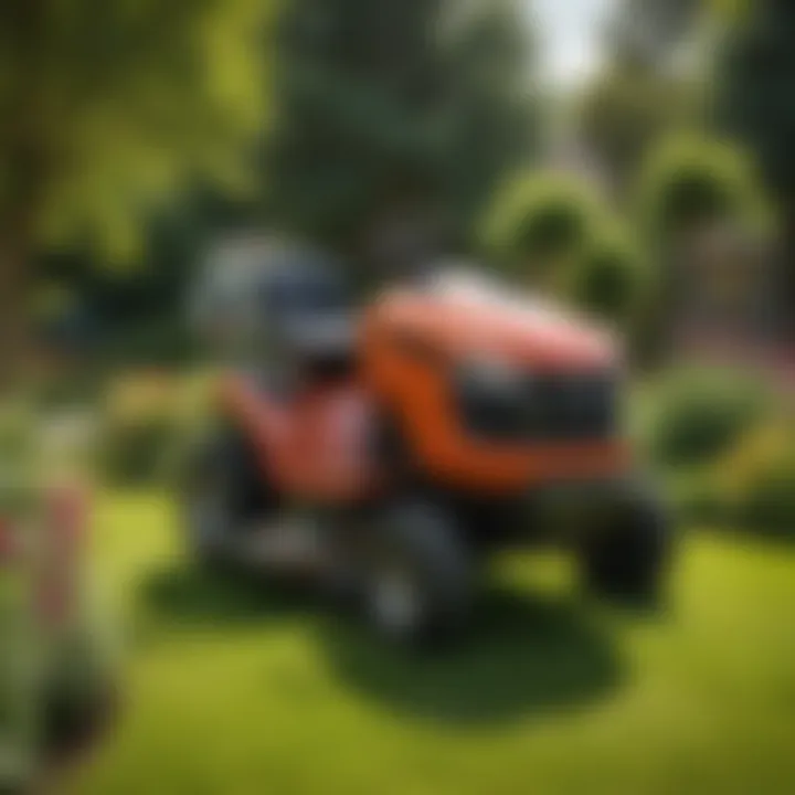 A small riding mower maneuvering through a residential garden, illustrating its versatility.
