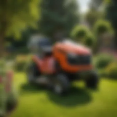 Small Riding Mower in a Residential Garden A small riding mower maneuvering through a residential garden, illustrating its versatility.