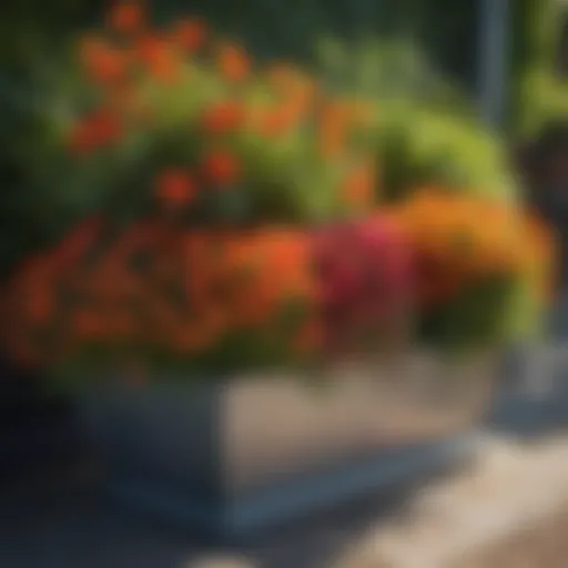 A beautifully arranged steel planter bed with vibrant flowers and greenery