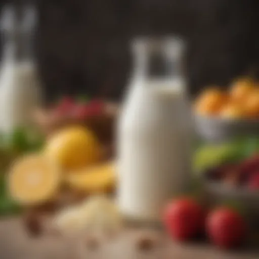 A close-up view of a glass filled with creamy milk kefir, surrounded by fresh fruits and nuts.