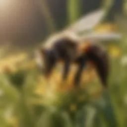 A close-up of a bee pollinating a wildflower in a grassy field