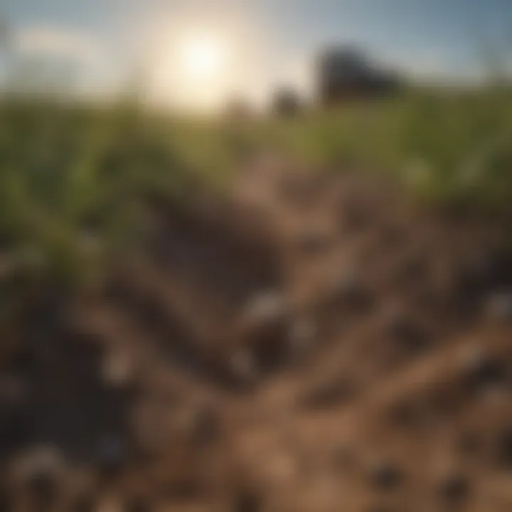 Close-up of a mole's burrow in an agricultural field