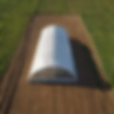 Polytunnel Installation in Agricultural Field An aerial view of a large polytunnel installation in a vibrant agricultural field