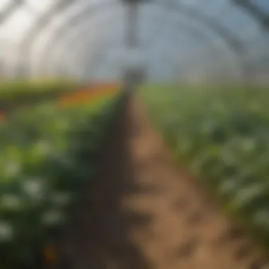 A vibrant display of various crops thriving under a polytunnel environment