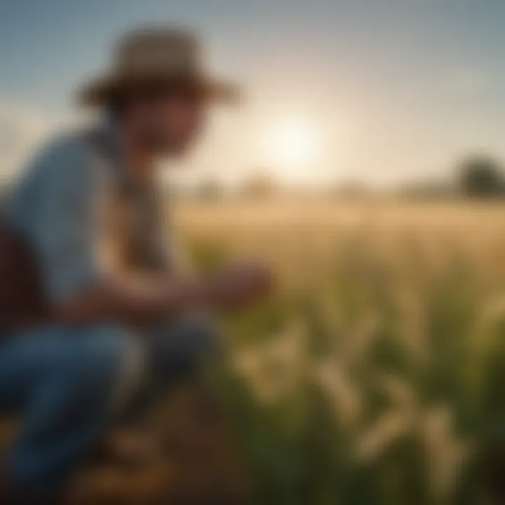 A farmer examining barley plants in a field