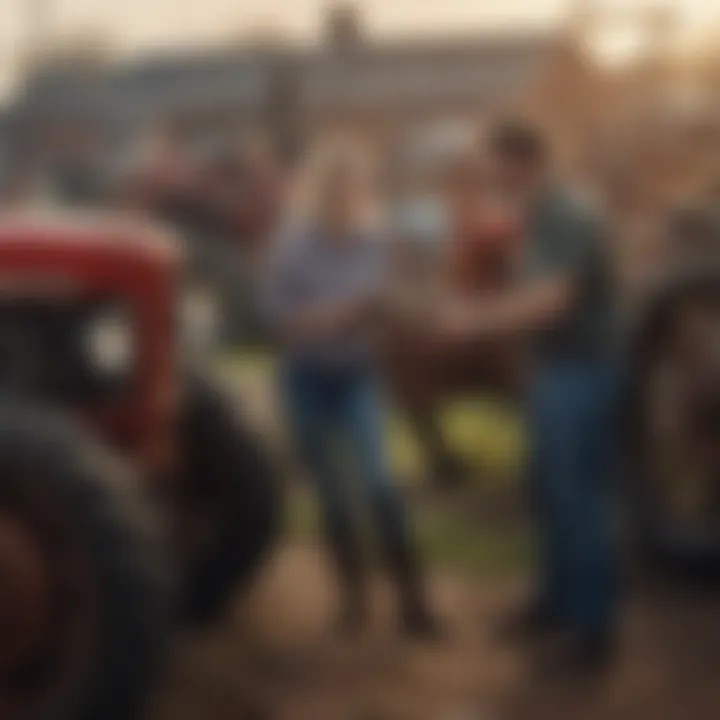 Community members discussing machinery at the yard