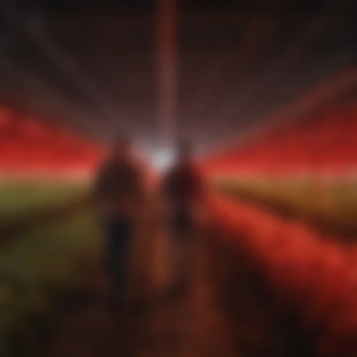 Farmers using red LED lights in a modern agricultural setup