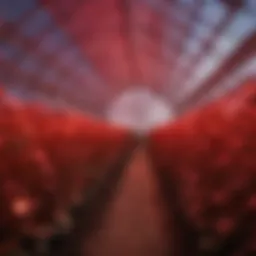 Vibrant red LED lights illuminating a greenhouse