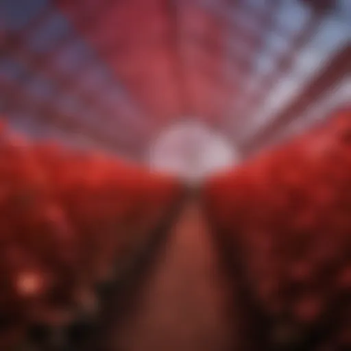 Vibrant red LED lights illuminating a greenhouse