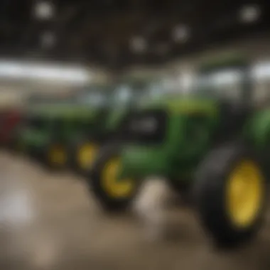 Interior view of the John Deere dealership showing a range of agricultural equipment