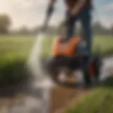 Flexible pressure washer lance in action in a field