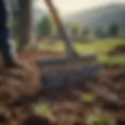 A lawn rock rake in action, efficiently leveling soil in an agricultural field