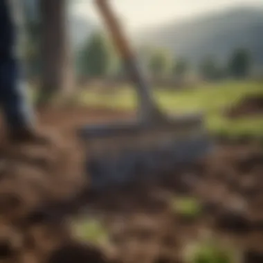A lawn rock rake in action, efficiently leveling soil in an agricultural field