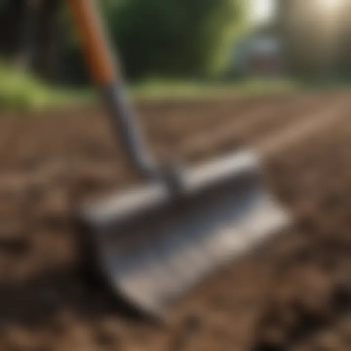 Side view of a lawn rock rake against a backdrop of freshly tilled soil