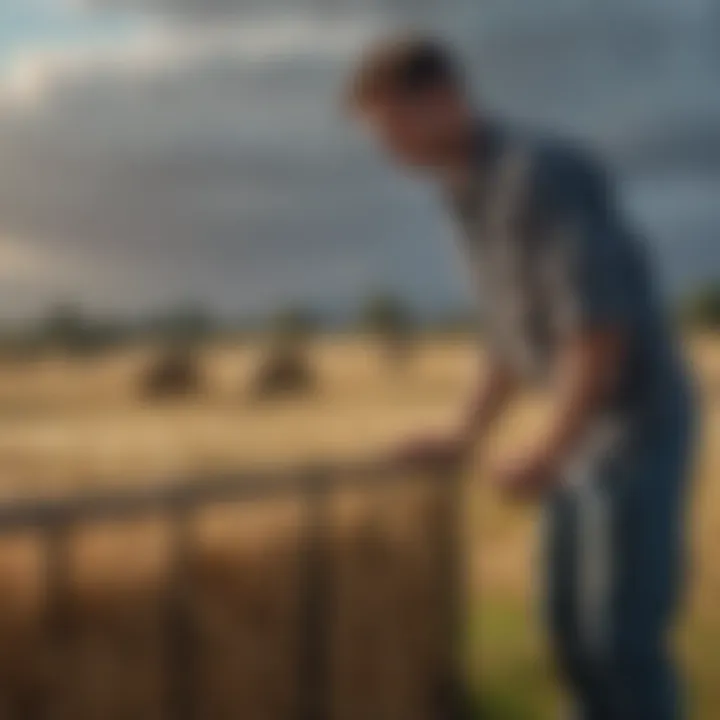 An agricultural professional examining a second-hand hay feeder