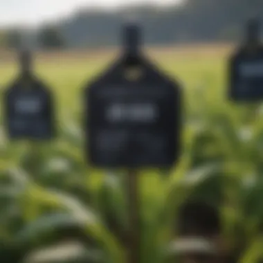 Black plastic tags displaying information in an agricultural setting
