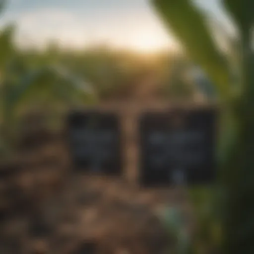Close-up of black plastic tags on crops in a field