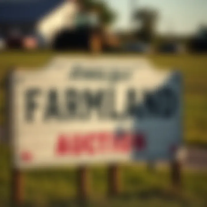 Available Farmland Auction Signage A close-up of farmland signage indicating available properties for auction.