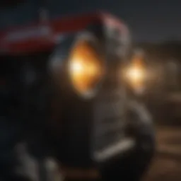 Close-up view of tractor headlights illuminating a dark field