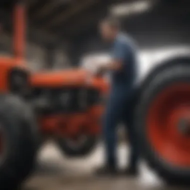 Technician performing maintenance on a tractor