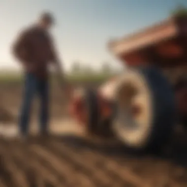 Farmer analyzing soil productivity with a dry fertilizer spreader in the background