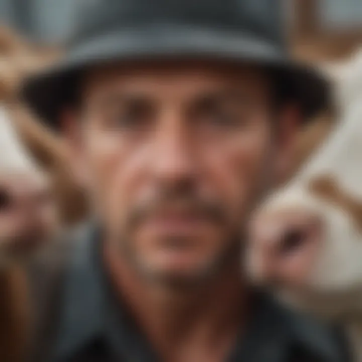 Farmer observing calves with nose rings