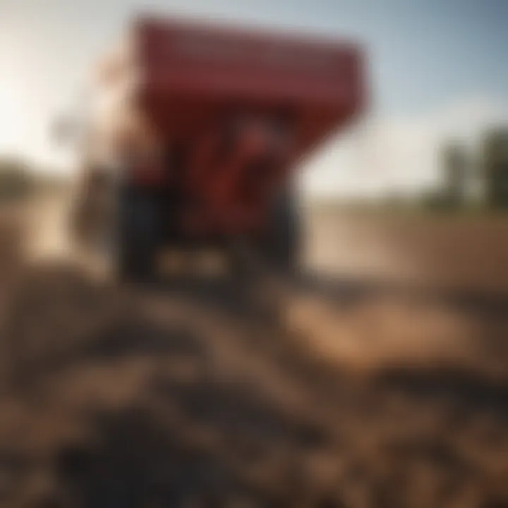 Close-up of dry fertilizer being distributed evenly in a field