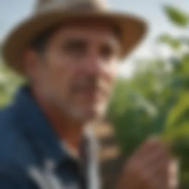 Crop Inspection in Summer Sunlight Close-up of a farmer inspecting crops in the summer sunlight.