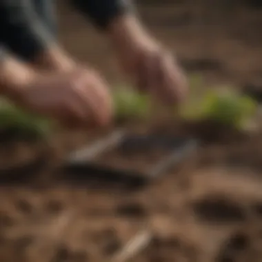 Farmers analyzing soil test results with tools